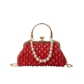 Fashionable red pleated evening bag with gold sequins, pearl handle and chain strap - Red