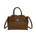 Brown litchi leather tote bag with silver lock and adjustable shoulder strap for women - Brown