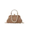 Champagne pleated sequin shell bag with large pearl handle and golden chain strap - Khaki