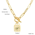 Gold stainless steel paperclip necklace with green stone square sunburst pendant - Sunburst Hollow Frame Green Gem Necklace (NE2C580JG)
