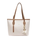 Bolso tote chic de cuero PU crema y marrón con colgante de elefante y letras doradas - Blanco Roto