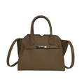 Brown lychee leather trapezoid handbag with silver metal twist lock and shoulder strap - Khaki