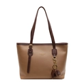 Bolso tote de cuero marrón con asas largas y colgante de elefante para mujer - Caqui