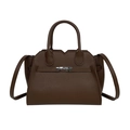 Brown lychee leather tote bag with silver twist lock and wavy V-cut top design - Brown
