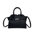 Elegant black lychee leather handbag with silver square lock and V-cut top handle design - Black