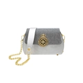 Silver chain evening bag with shimmering rhinestone lid and gold crown buckle - Silver