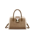 Camel faux suede crossbody bag with off-white faux fur trim and gold square buckle detail - Brown