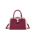 Burgundy suede handbag with cream faux shearling trim and golden metal clasp detail - Burgundy