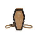 Coffin shaped shoulder bag with brown rose embroidery and silver rivets on white background - Rose Khaki
