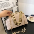 Cream pleated dumpling bag with chunky gold chain handle and vintage metal clasp - Khaki