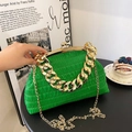 Vibrant green ruched shell bag with thick gold chain handle and metallic frame - Green