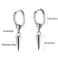 Detail view of antiallergic stainless steel huggie earrings with sharp cone pendants - Silver Spike Style (EA559001S)