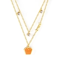 Gold double-layer necklace featuring orange enamel cupcake pendant and bread metal charm - Cupcake