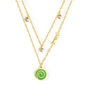Double-layered gold necklace with green enamel pendant and crystal bread letter detail - Green Swirl Bun