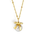 Elegant gold bow necklace with a lustrous white pearl pendant on a polished link chain - Gold Bow Pearl (NE2A630AG)