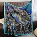 Detail of artistic floral and leopard print satin scarf draped on a leather couch - 90*90cm / XW-10-Blue (Royal Blue Feather Jungle Leopard Starry Sky)