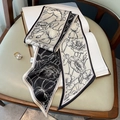 Close-up of narrow satin silk scarf with black and white poppy floral pattern and soft shine - Poppy Floral Print / 15*150cm / Black & White