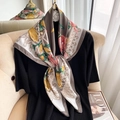 Elegant floral print square scarf with grey-brown base and soft satin finish shown on mannequin - 90*90cm / Light Coffee