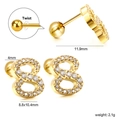 Gold number 8 stud earring with inlaid cubic zirconia and secure screw back closure - Number 8 (EA630308)