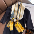 Elegant long silk scarf with modern artistic print tied on a black knit sweater - 15*150cm / Beige