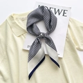 Blue and white houndstooth silk scarf tied elegantly on a cream knitted sweater neck - Blue White Houndstooth (ZC-34) / Navy Blue Edge