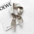 Detail of silk satin scarf tied in a bow showing champagne gold luster on white background - 65x65cm / Light Gray