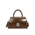 Sac boîte rétro en cuir marron foncé brillant avec fermoir argenté et poignée - Kaki
