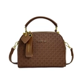 Brown woven texture handbag with dark cylindrical handles and gold-tone hardware - Brown