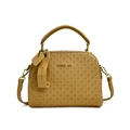 Chic beige woven texture crossbody handbag with circular top handle and logo detail - Khaki