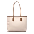 Minimalist cream tote bag with brown handles, high-capacity faux leather shoulder bag - White