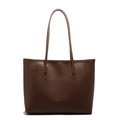 Dark brown high-capacity faux leather tote bag with fine grain texture for commuting - Coffee