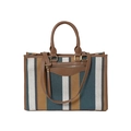 Green and yellow striped canvas tote bag with leather handles and crossbody strap - Blue