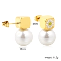 Boucles d'oreilles carrées dorées avec motif marguerite et perles de 12mm - Boucles d'Oreilles Marguerite Perle Cube (EA5A090AG)