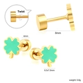 Detail view of 18K gold clover stud earrings with green enamel and screw back dimensions - Green Clover Style (EA63390JG)