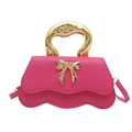 Hot pink textured leather mini square bag with metallic bow and artistic gold handle - Pink