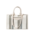 Canvas tote bag with green and beige stripes, featuring a front zipper pocket - White and Blue