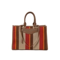 Striped canvas tote bag in red, orange, and brown with adjustable leather shoulder strap - Brown