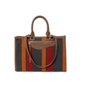 Striped tote bag with red, orange, and grey fabric patterns and brown leather accents - Red