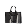 Vertical striped tote bag in black, white and grey woven fabric with leather handles - Black