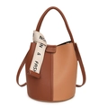 Vintage style contrast brown leather bucket bag with top handle and crossbody strap - Khaki Brown