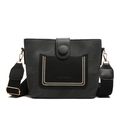 Borsa a secchiello in pelle nera alla moda con tracolla larga e dettagli dorati - Nero