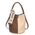 Brown and beige colorblock bucket bag with fashion scarf and lychee grain texture - Mocha White