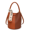 Brown bi-color bucket bag with lychee texture leather and decorative printed ribbon - Brown Coffee