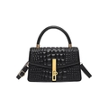 Black crocodile pattern handbag with golden metal lock and adjustable shoulder strap - Black