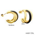18K gold plated C-shaped stainless steel earrings with black enamel inlay, 16x30mm size - Black Enamel (EA32840BG)