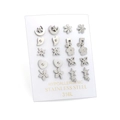 Set of 12 pairs of 316L stainless steel stud earrings with stars and flower designs - 10 Pairs Set