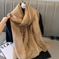 Elegant champagne gold silk blend scarf with metallic glitter and striped mesh texture - Camel