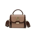 Borsa a mano patchwork marrone con trama litchi e tracolla larga stampata - Cachi