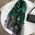 Dark green silk blend scarf with gold stripes and 3D butterfly embroidery detail - Butterfly Embroidery Green