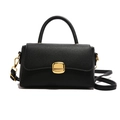 Minimalist black lychee texture handbag with golden metal lock and adjustable shoulder strap - Black